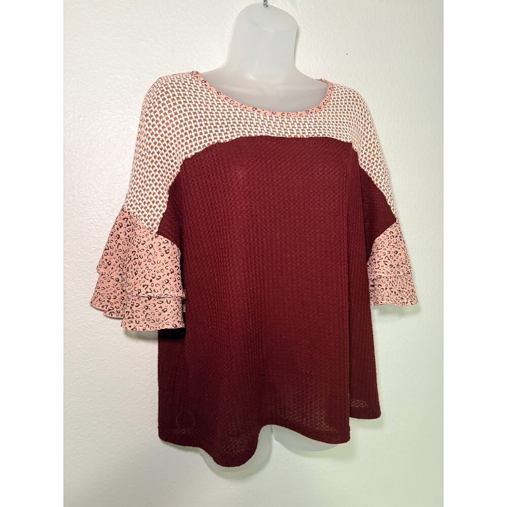 Umgee USA Mixed-Media Top with Leopard Print Sleeves - Size L